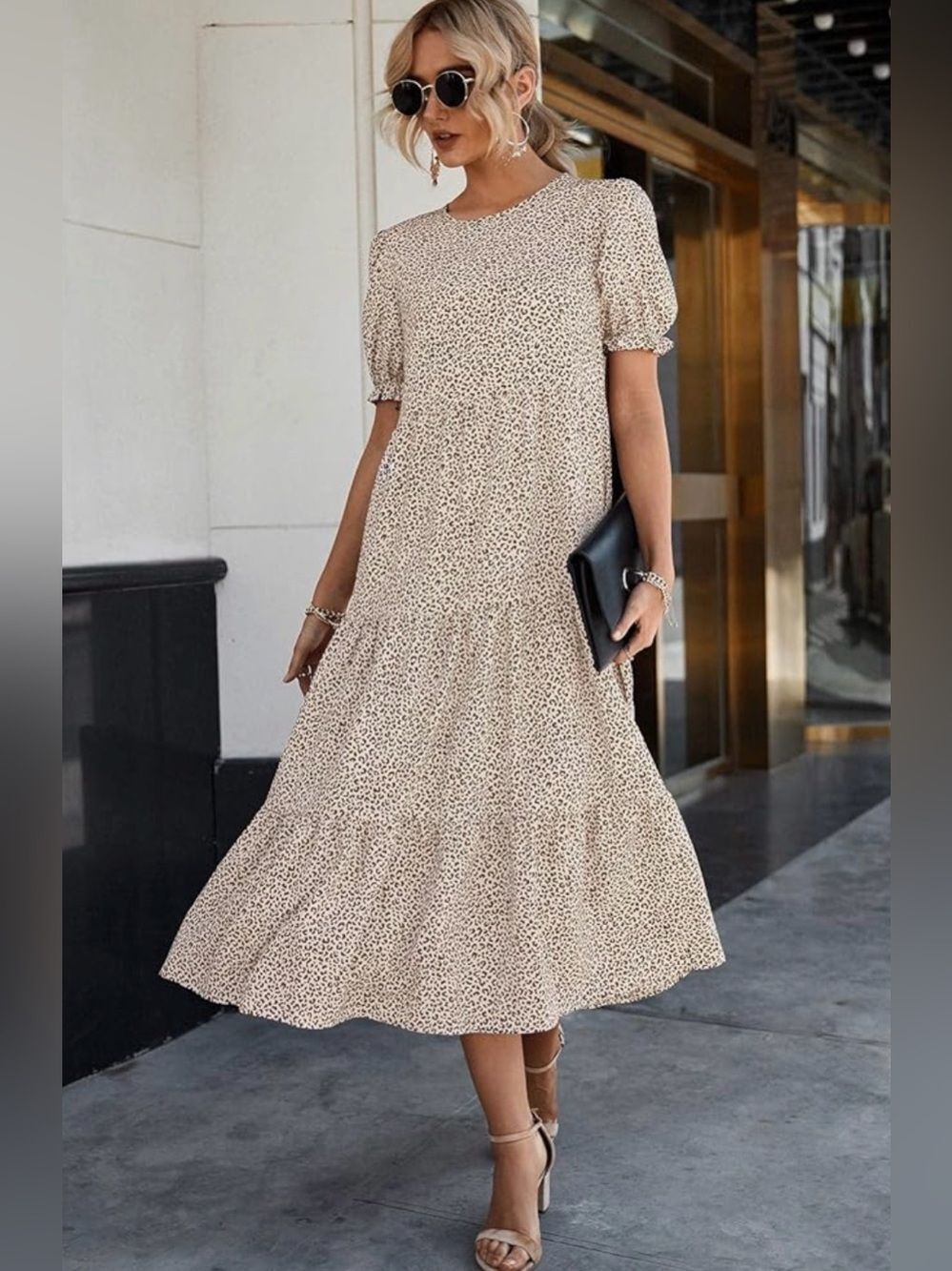 PrettyGarden Beige Animal Print Midi Dress Womens S Puff Sleeve Tiered